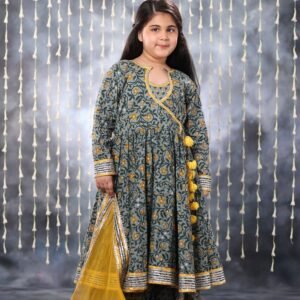 Grey Jaipuri Double Print Anarkali with Palazzo Suit Set