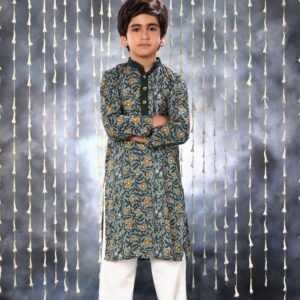 Grey Jaipuri Handblock Print Kurta Co-ord Set with Solid Collar Design