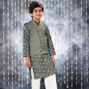 Grey Jaipuri Handblock Print Kurta Co-ord Set with Solid Collar Design and Grey Jacket