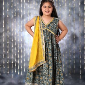 Grey Jaipuri Print Anarkali Sleeveless Kurta and Pant Set