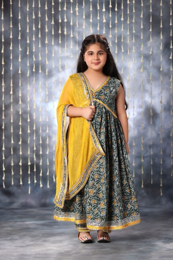 Grey Jaipuri Print Anarkali Sleeveless Kurta and Pant Set - Image 2