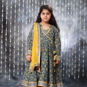 Grey Jaipuri Single Print Anarkali with Palazzo Suit Set