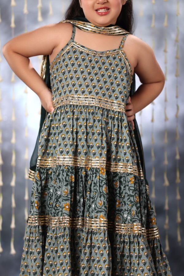 Grey Jaipuri Tiered Double Print Sleeveless Maxi with Pant Suit Set - Image 2