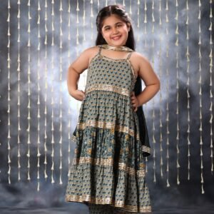 Grey Jaipuri Tiered Double Print Sleeveless Maxi Dress