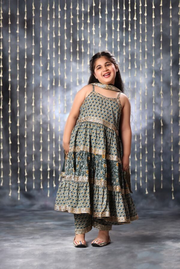Grey Jaipuri Tiered Double Print Sleeveless Maxi with Pant Suit Set - Image 3