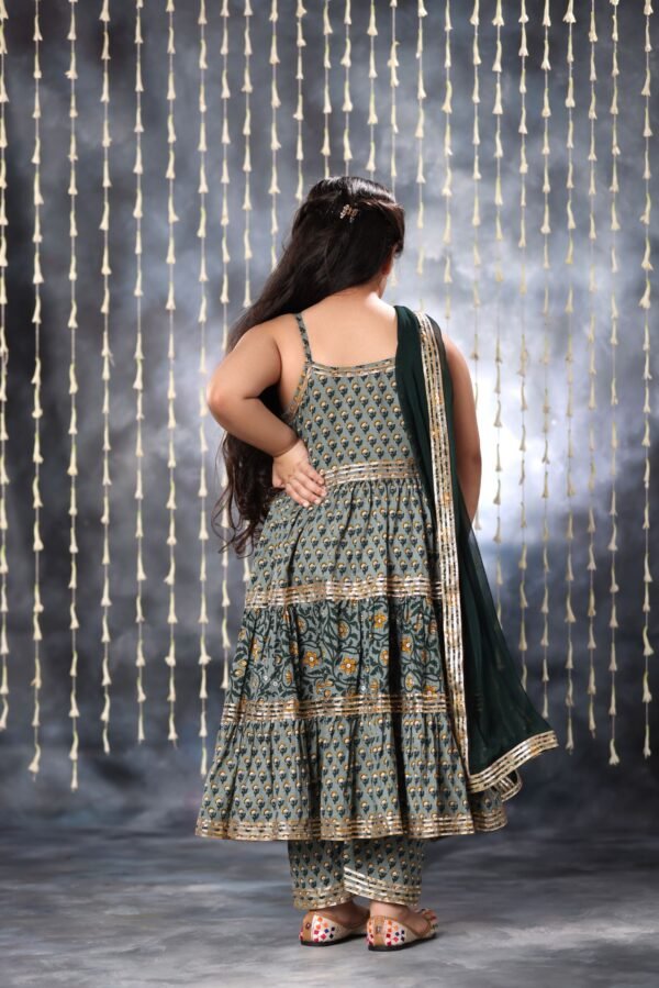 Grey Jaipuri Tiered Double Print Sleeveless Maxi with Pant Suit Set - Image 4