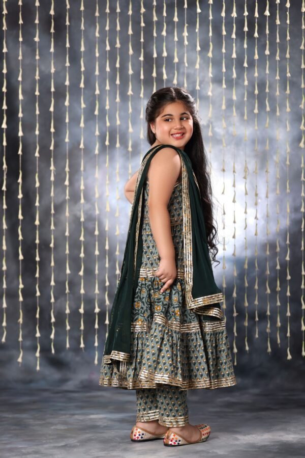 Grey Jaipuri Tiered Double Print Sleeveless Maxi with Pant Suit Set - Image 5