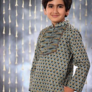 Grey Pintucks Neck Panel Kurta with White Pant Co-ord Set