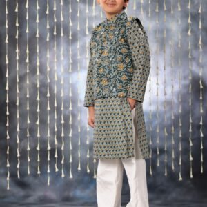 Grey Pintucks Neck Panel Kurta with White Pant Co-ord Set