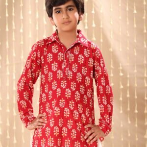 Red Floral Print Short Kurta with Dhoti Salwar