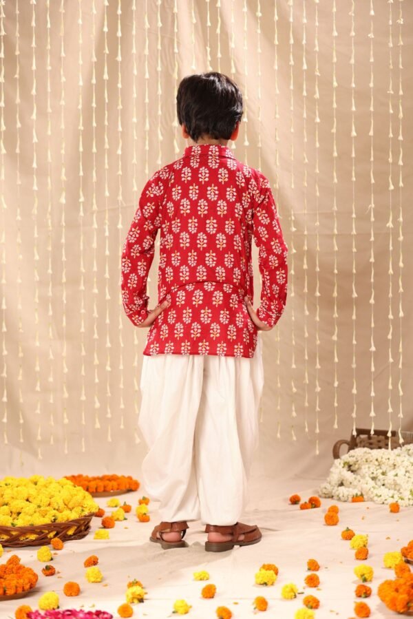 Red Floral Print Short Kurta with Dhoti Salwar - Image 2