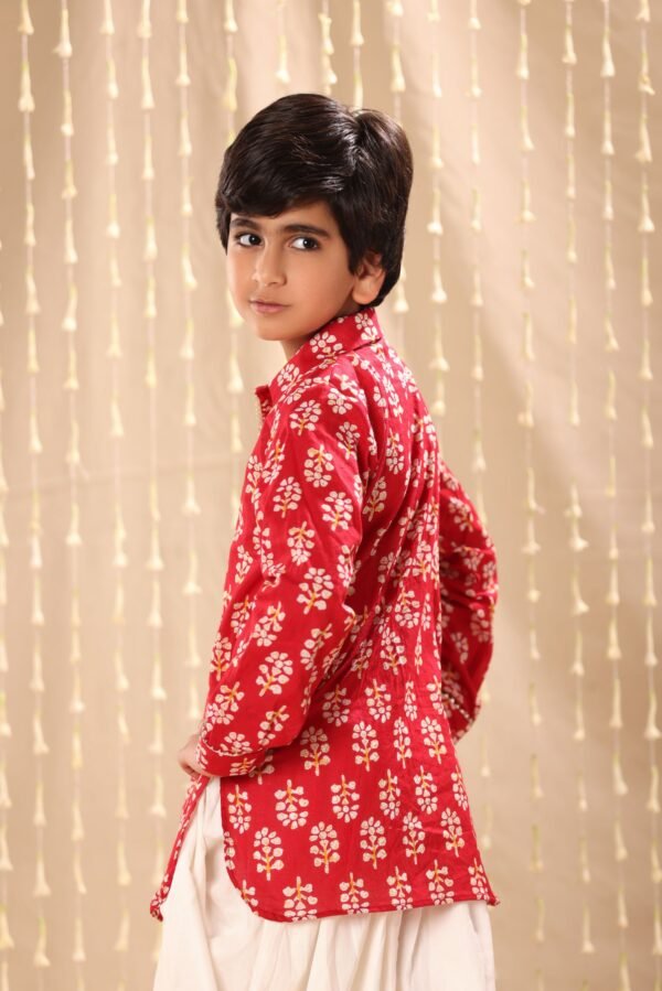 Red Floral Print Short Kurta with Dhoti Salwar - Image 3