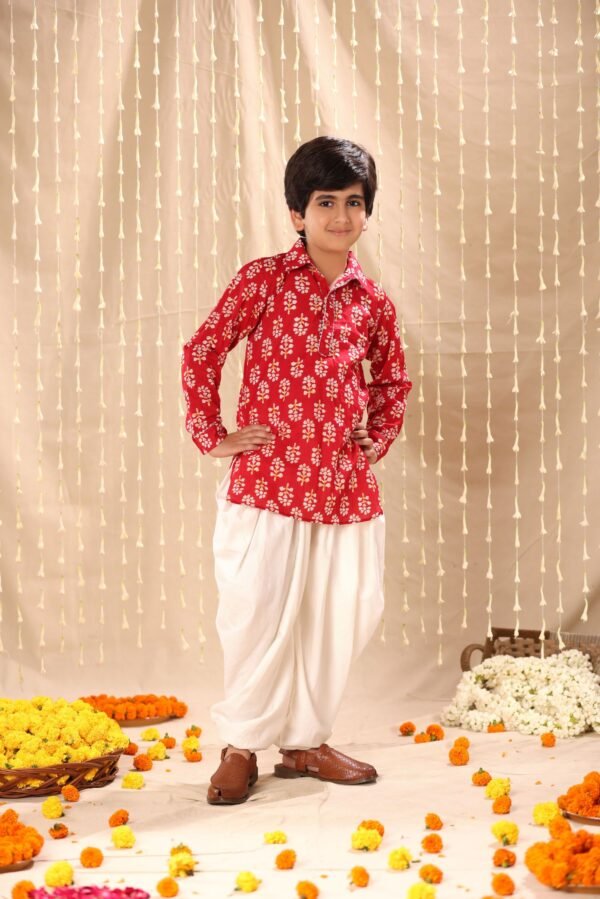 Red Floral Print Short Kurta with Dhoti Salwar - Image 4
