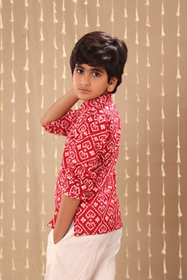Red Ikat Print Short Kurta with White Pant Co-ord Set - Image 3