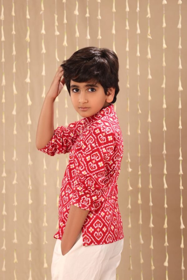 Red Ikat Print Short Kurta with White Pant Co-ord Set - Image 2