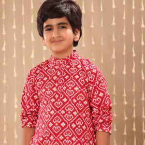 Red Ikat Print Short Kurta with White Pant Co-ord Set
