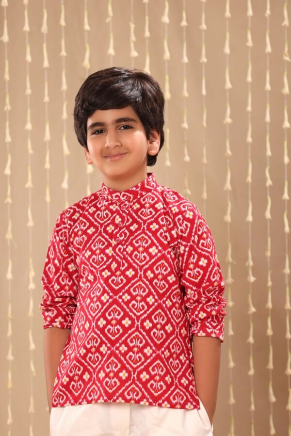 Red Ikat Print Short Kurta with White Pant Co-ord Set