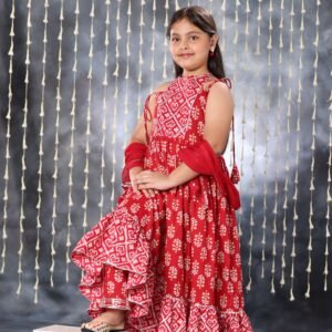 Red Jaipuri Double Print Long Kurta Frock Suit Set