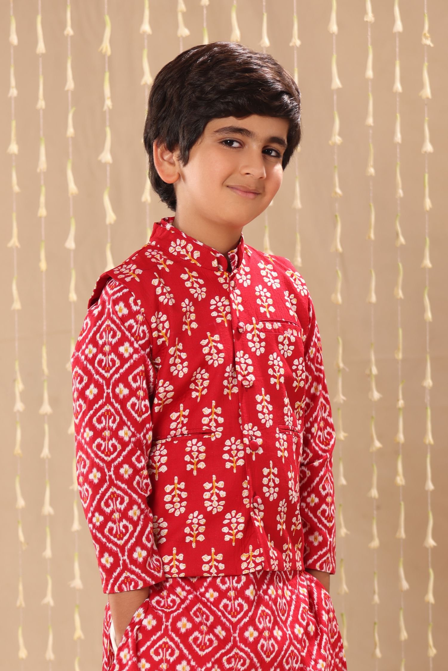 Red Jaipuri Ikat Handblock Print Jacket