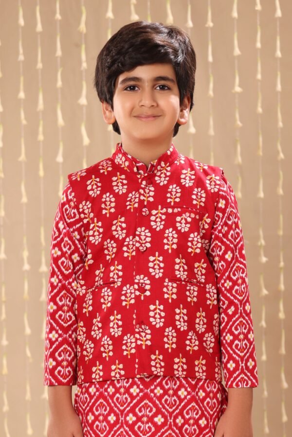 Red Jaipuri Ikat Handblock Print Jacket - Image 2