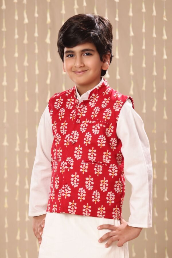 Red Jaipuri Ikat Handblock Print Jacket - Image 3