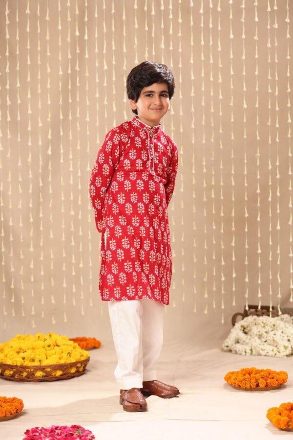Red Jaipuri Handblock Floral Print Long Kurta Co-ord Set - Image 2