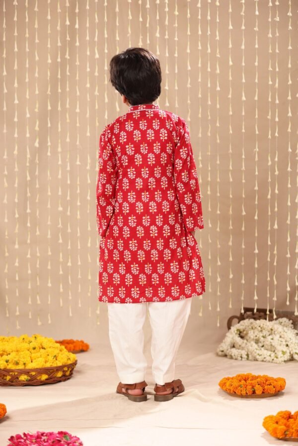 Red Jaipuri Handblock Floral Print Long Kurta Co-ord Set - Image 3