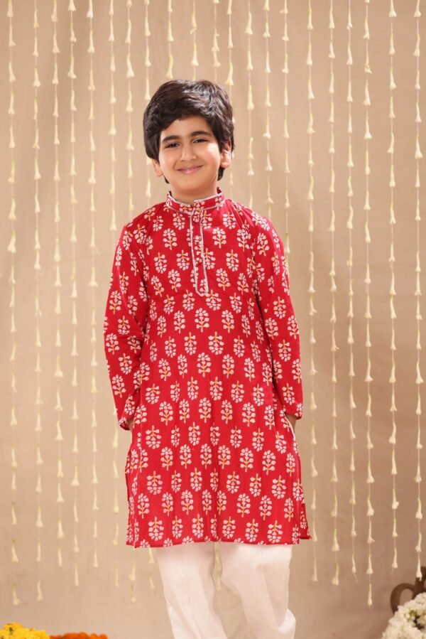Red Jaipuri Handblock Floral Print Long Kurta Co-ord Set - Image 4