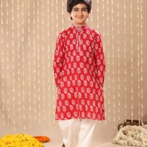 Red Jaipuri Handblock Floral Print Long Kurta Co-ord Set