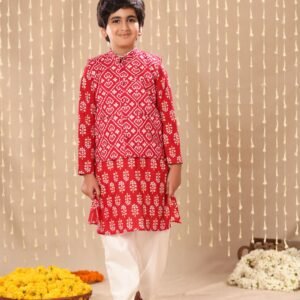 Red Jaipuri Handblock Floral Print Long Kurta Co-ord Set with Red Ikat Print Jacket
