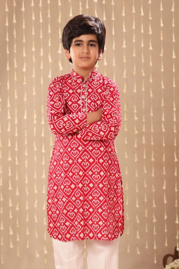 Red Jaipuri Handblock Ikat Print Long Kurta Co-ord Set - Image 2