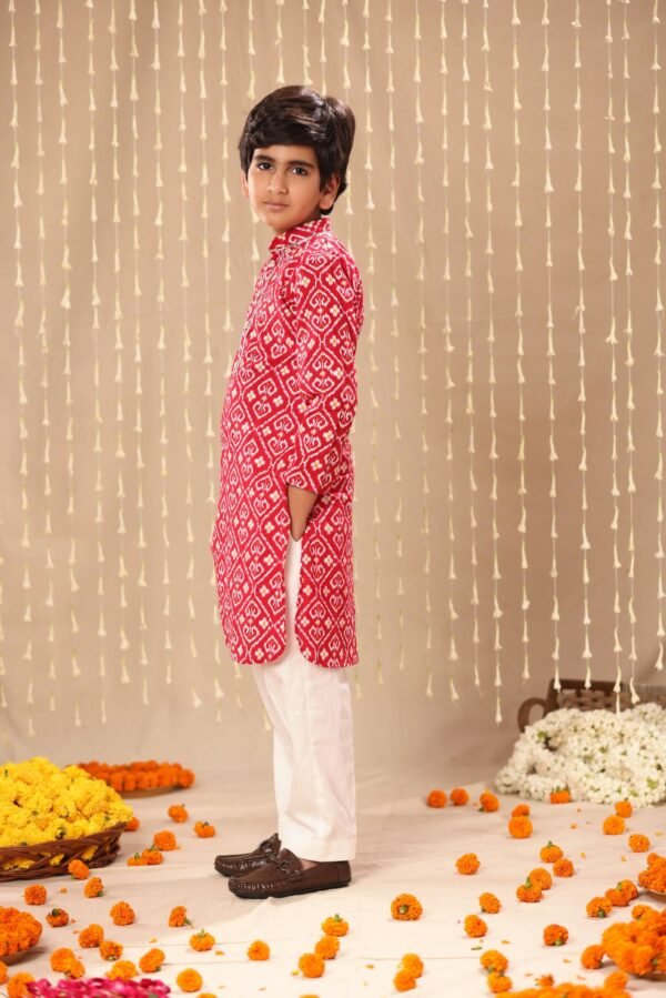Red Jaipuri Handblock Ikat Print Long Kurta Co-ord Set - Image 3