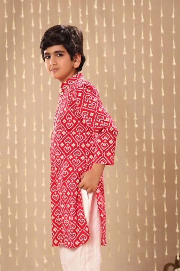 Red Jaipuri Handblock Ikat Print Long Kurta Co-ord Set - Image 4