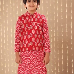 Red Jaipuri Handblock Ikat Print Long Kurta Co-ord Set with Red Floral Print Jacket