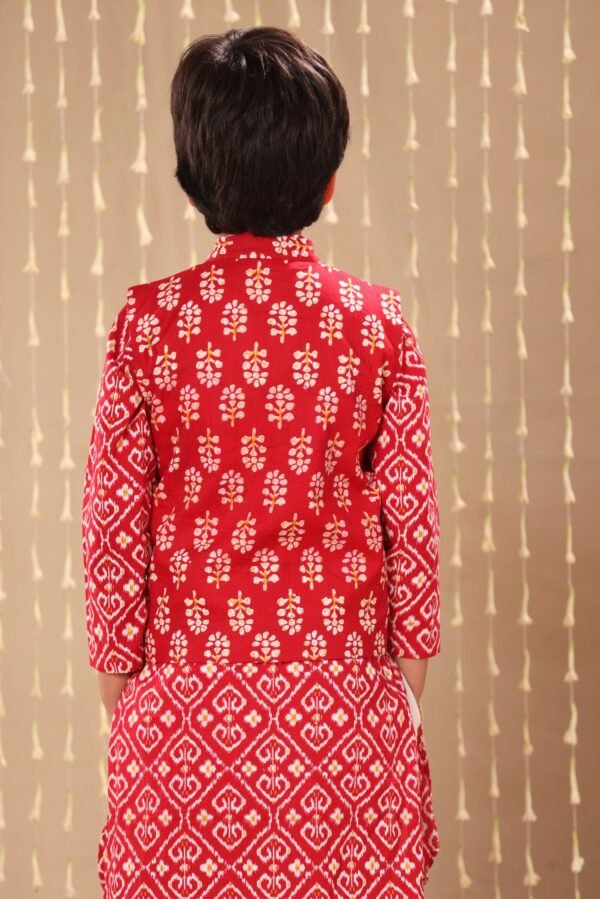 Red Jaipuri Handblock Ikat Print Long Kurta Co-ord Set with Red Floral Print Jacket - Image 4
