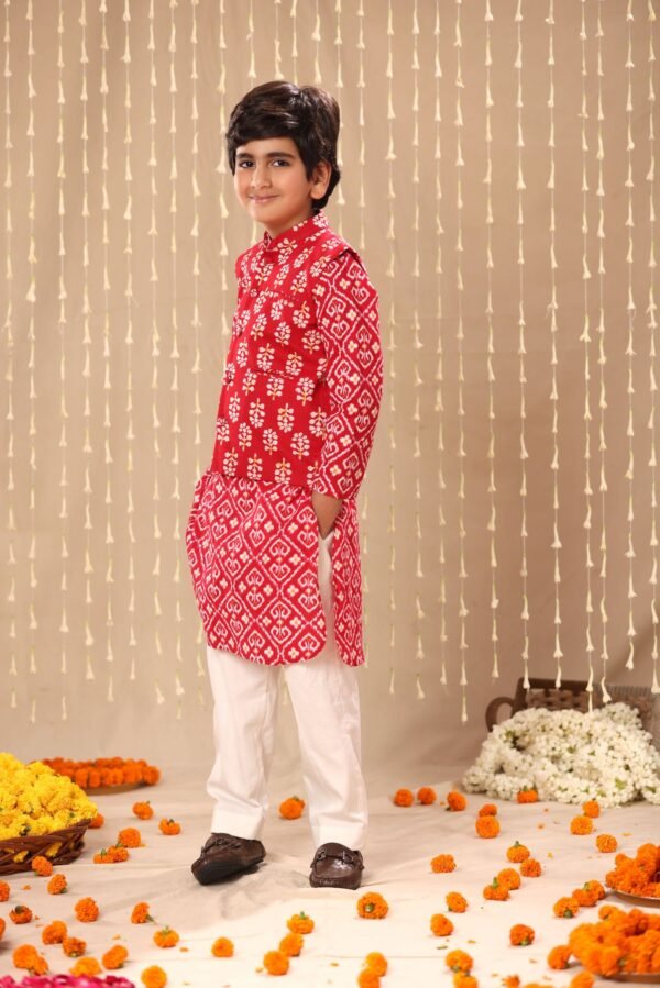 Red Jaipuri Handblock Ikat Print Long Kurta Co-ord Set with Red Floral Print Jacket - Image 5
