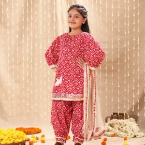Red Jaipuri Print Kurta with Salwar Suit Set