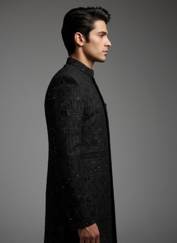 Regal Black Hand-Embroidered Sherwani for Men - Image 2