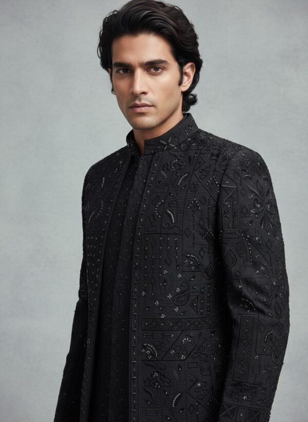 Regal Black Hand-Embroidered Sherwani for Men - Image 3