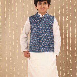 White Kurta Pyjama Co-ord Set with Blue Jaipuri Buti Print Jacket