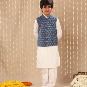 White Kurta Pyjama Co-ord Set with Grey Jaipuri Floral Print Jacket