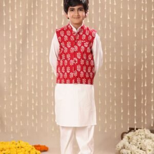 White Kurta Pyjama Co-ord Set with Red Jaipuri Floral Print Jacket