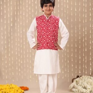 White Kurta Pyjama Co-ord Set with Red Jaipuri Ikat Print Jacket