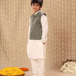 White Kurta Pyjama Co-ord Set with Grey Jaipuri Floral Print Jacket