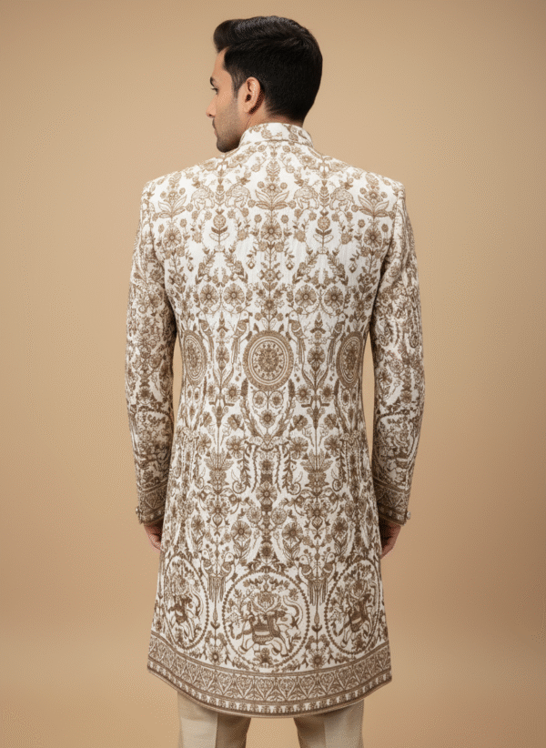 Regal Cream & Gold Embroidered Sherwani - Image 2
