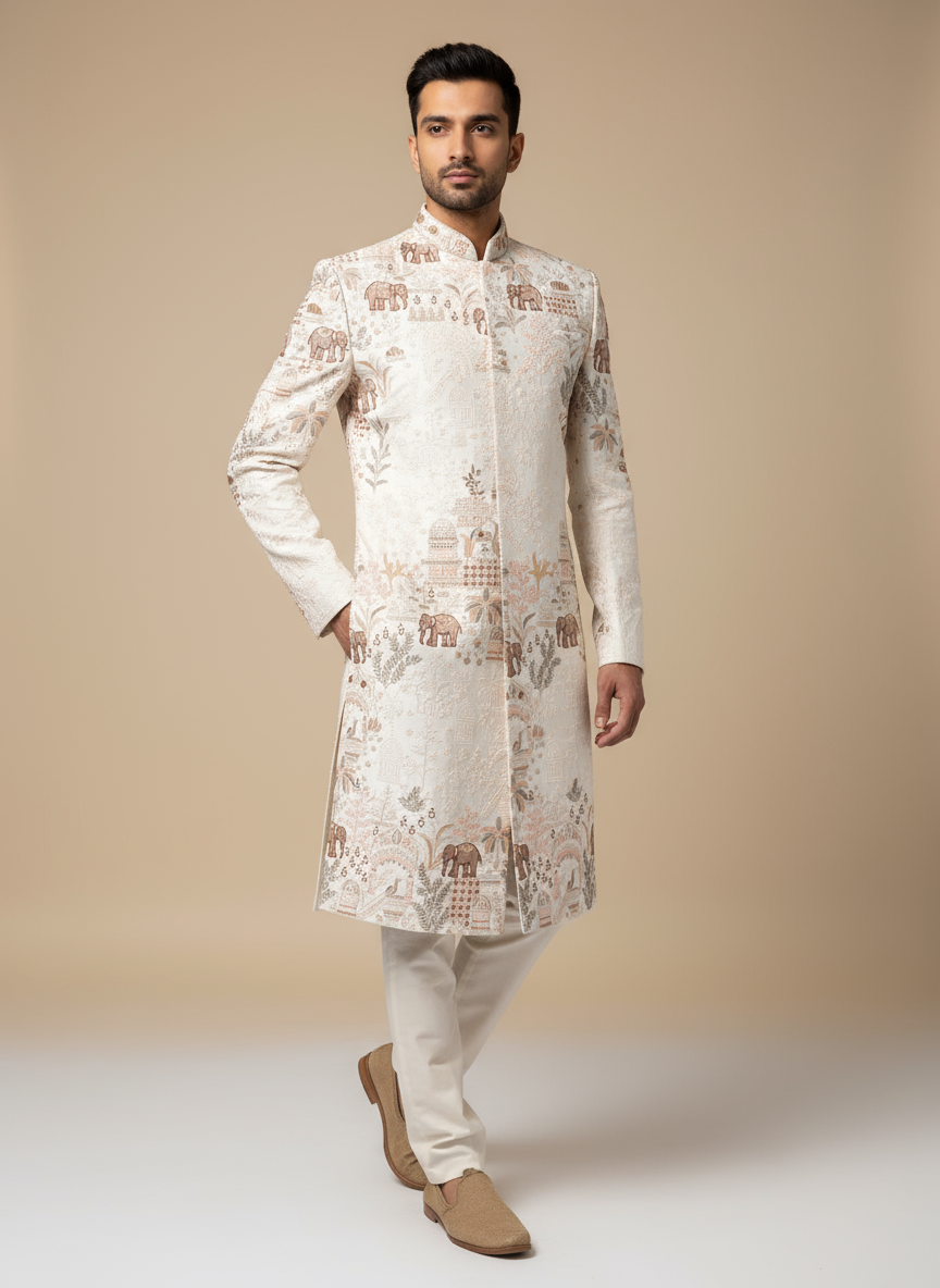 Ivory Embroidered Sherwani Set