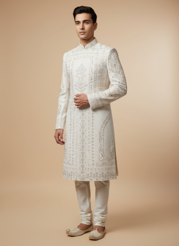 Men's Ivory or Off-White Sherawani - Image 6
