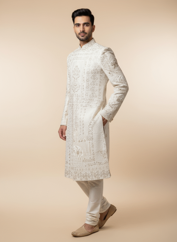 Men's Ivory or Off-White Sherawani - Image 5