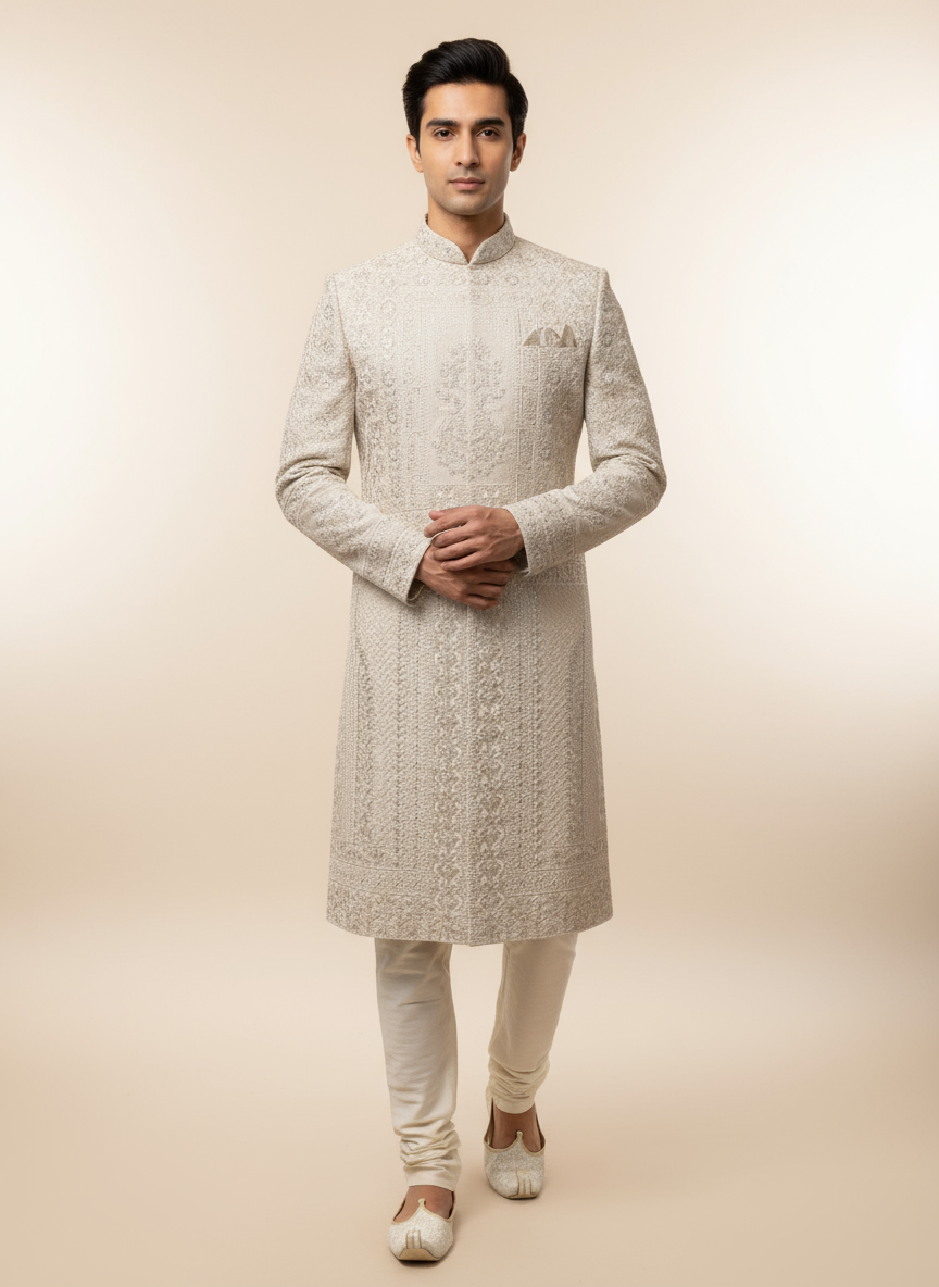 Ivory Embroidered Sherwani Set