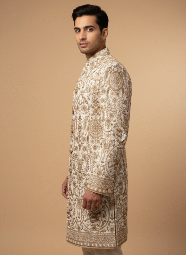 Regal Cream & Gold Embroidered Sherwani - Image 3